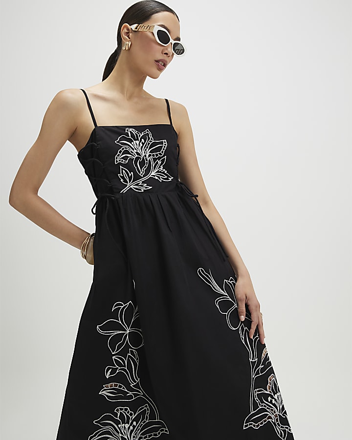 Black Broderie Tie Side Midi Dress