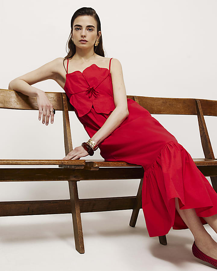 Red 3D Flower Maxi Dress