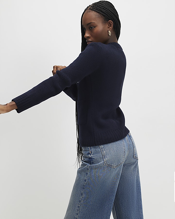 Navy Knitted Long Sleeve Scoop Neck Cardigan