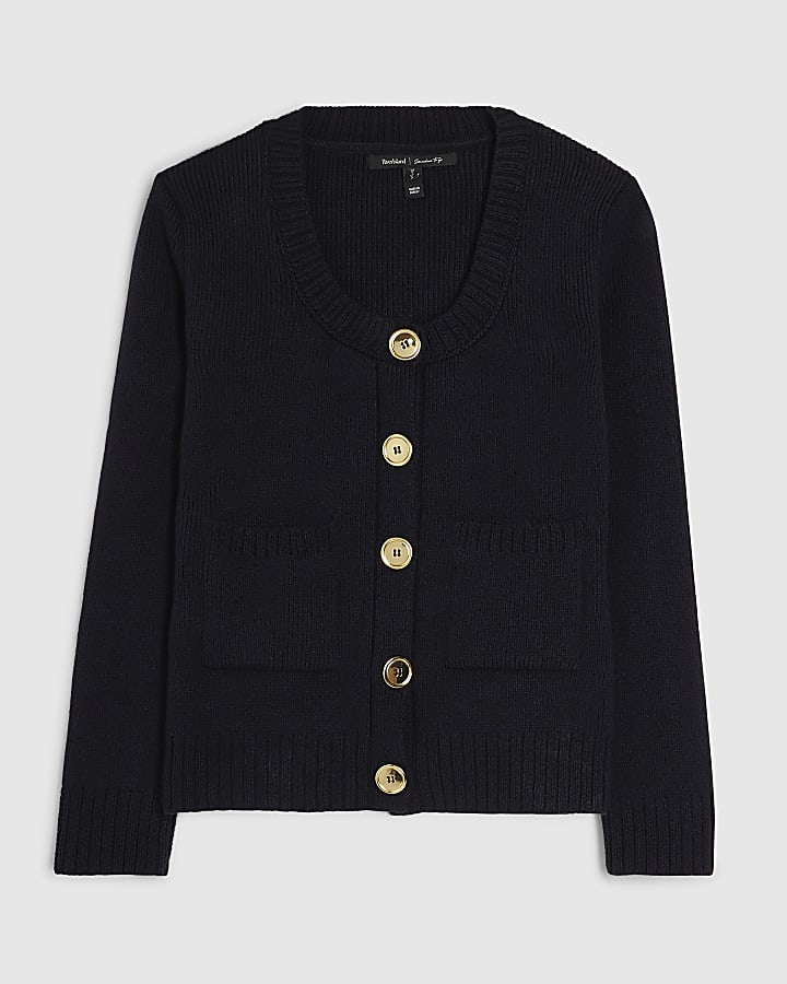 Navy Knitted Long Sleeve Scoop Neck Cardigan