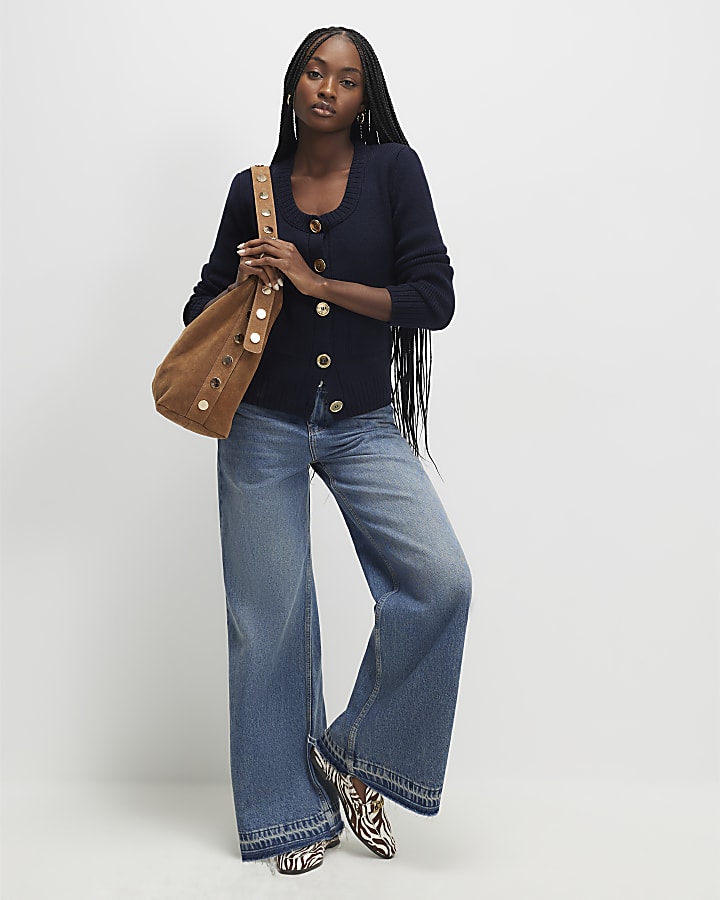 Navy Knitted Long Sleeve Scoop Neck Cardigan