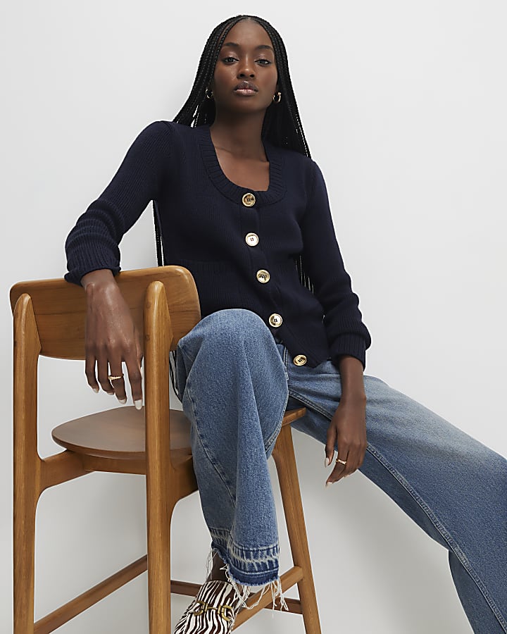 Navy Knitted Long Sleeve Scoop Neck Cardigan