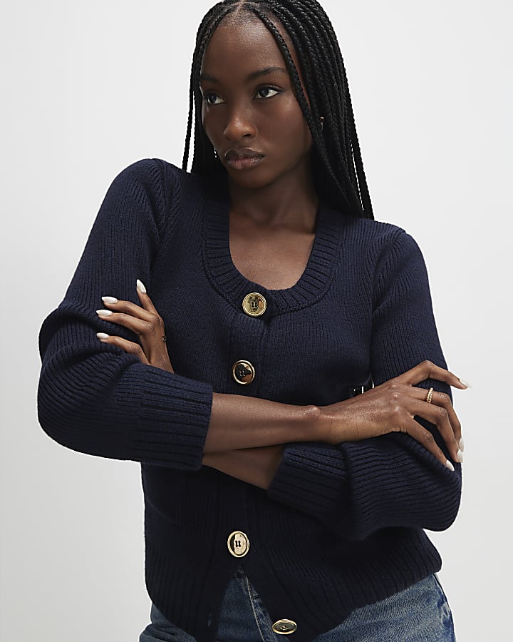 Navy Knitted Long Sleeve Scoop Neck Cardigan