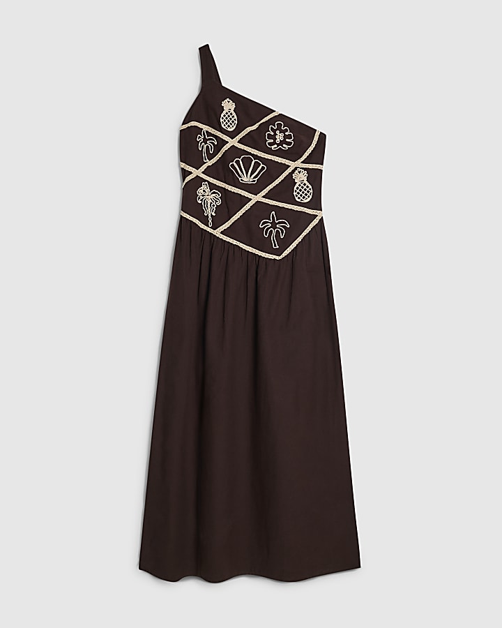 Brown Motif One Shoulder Maxi Dress