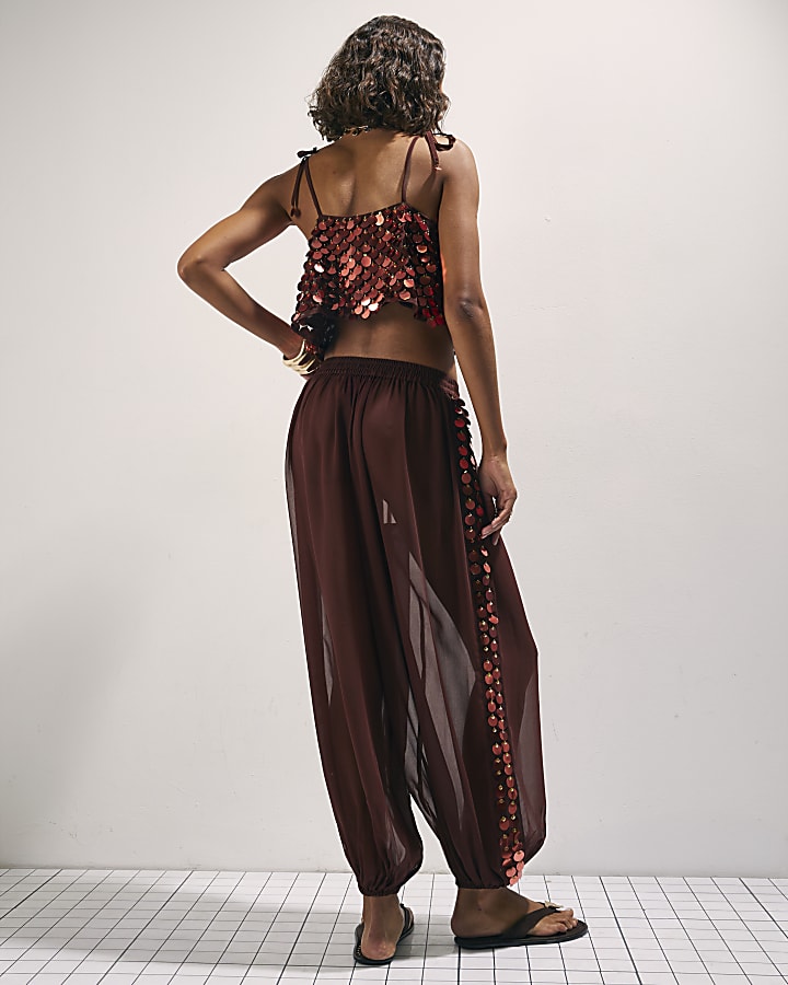 Brown Sequin Side Panel Hareem Trousers