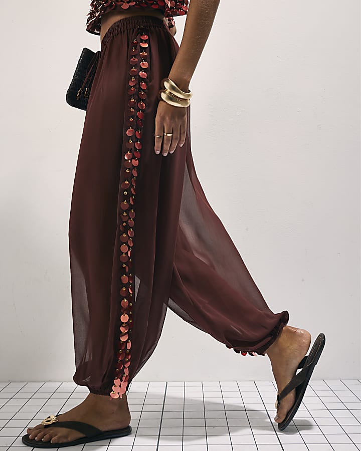 Brown Sequin Side Panel Hareem Trousers
