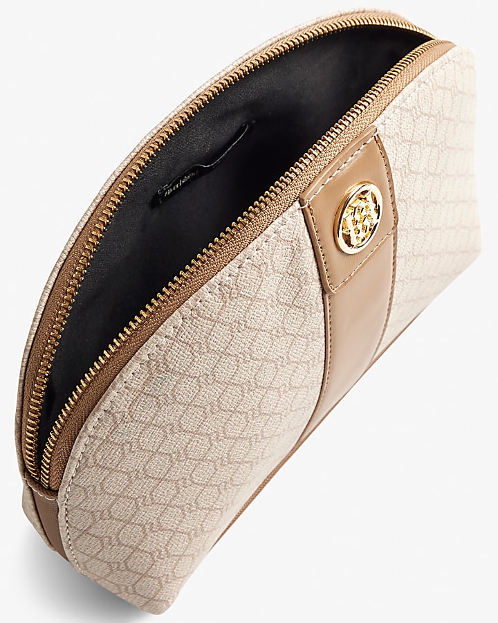 Beige Stripe Monogram Makeup Pouch