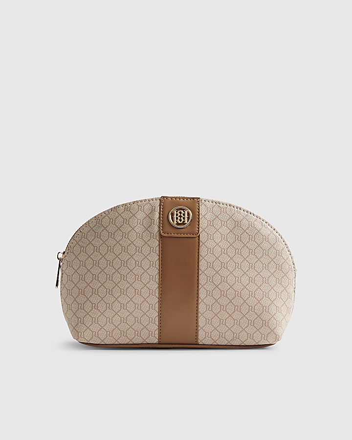 Beige Stripe Monogram Makeup Pouch