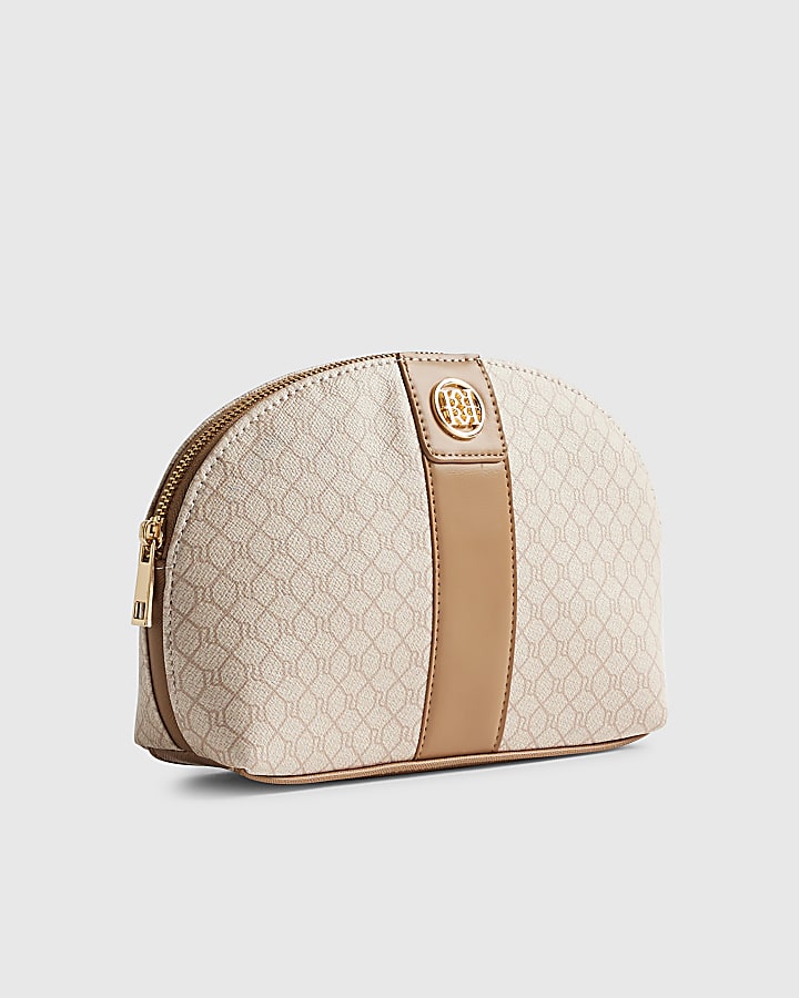 Beige Stripe Monogram Makeup Pouch