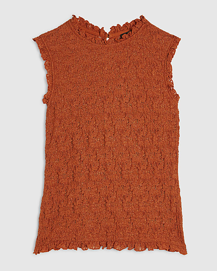 Orange Sleeveless Ruffle Textured Top