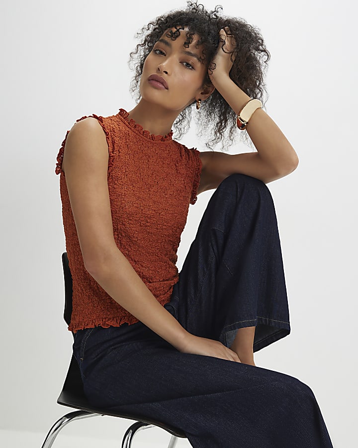 Orange Sleeveless Ruffle Textured Top
