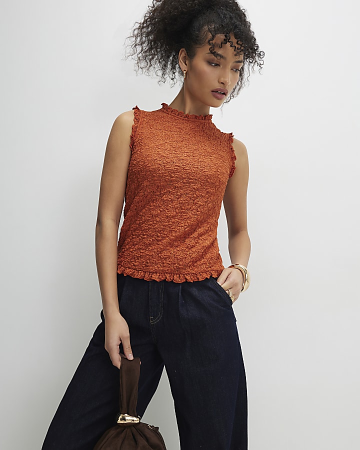 Orange Sleeveless Ruffle Textured Top