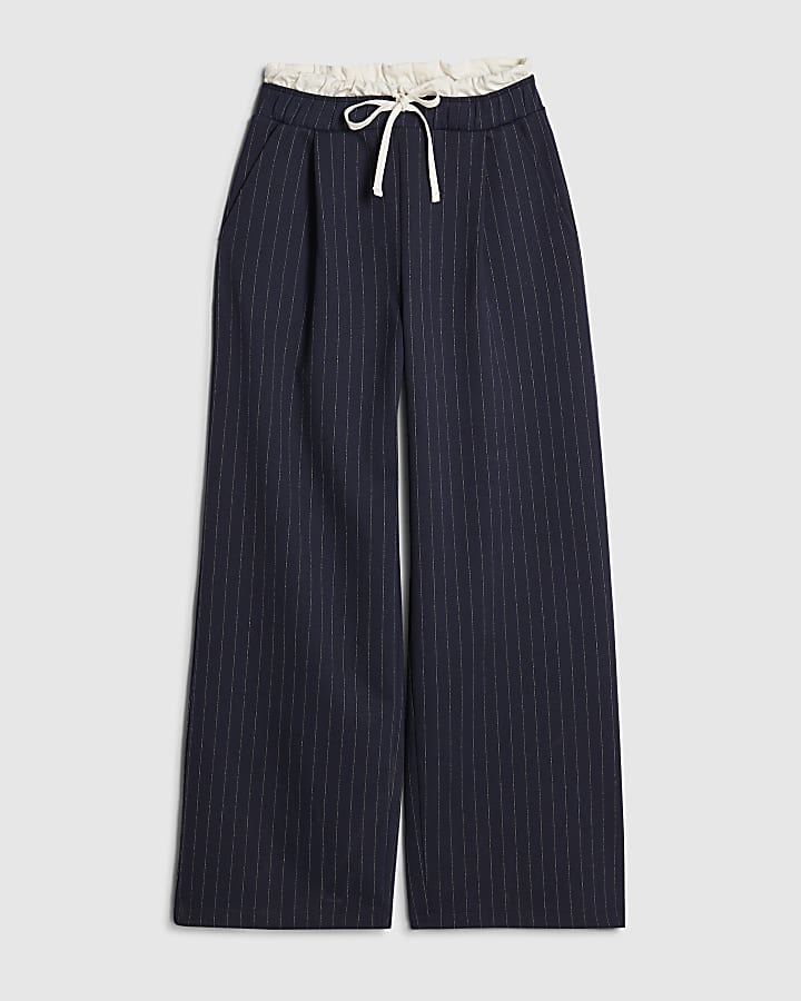 Navy Pinstripe Wide Leg Trousers