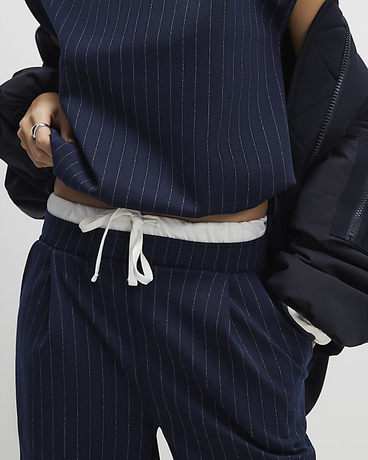 Navy Pinstripe Wide Leg Trousers