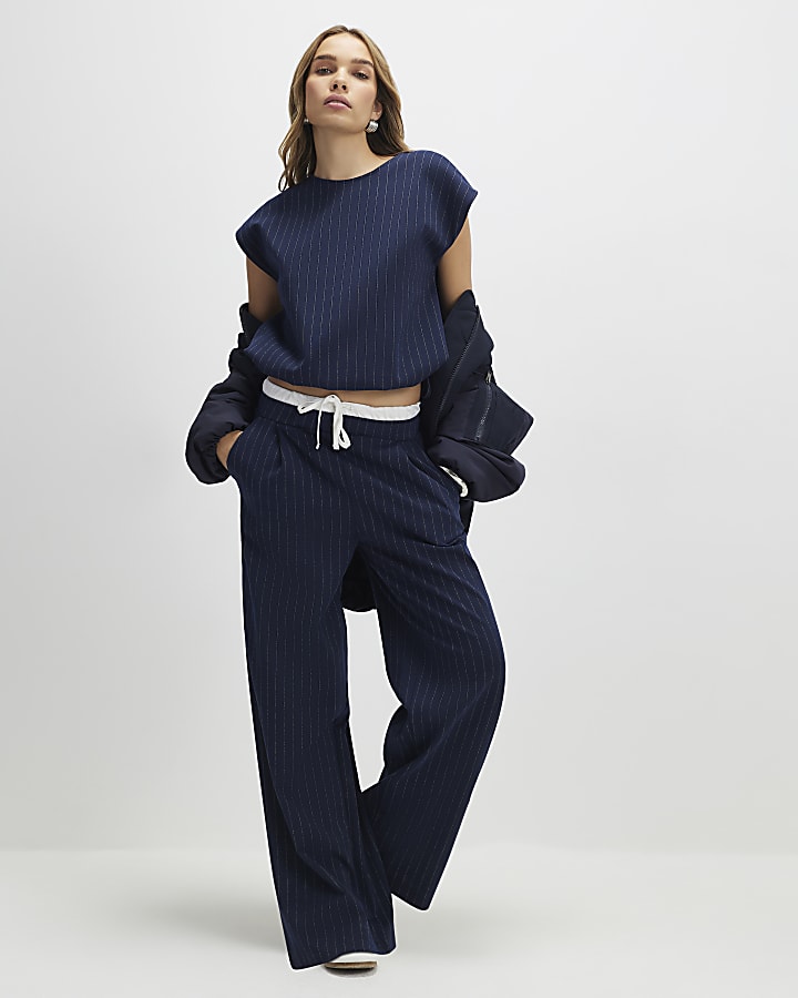 Navy Pinstripe Wide Leg Trousers