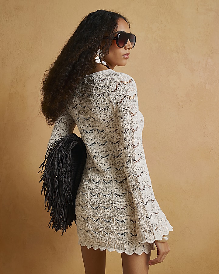 Cream Crochet Knit Boat Neck Mini Dress