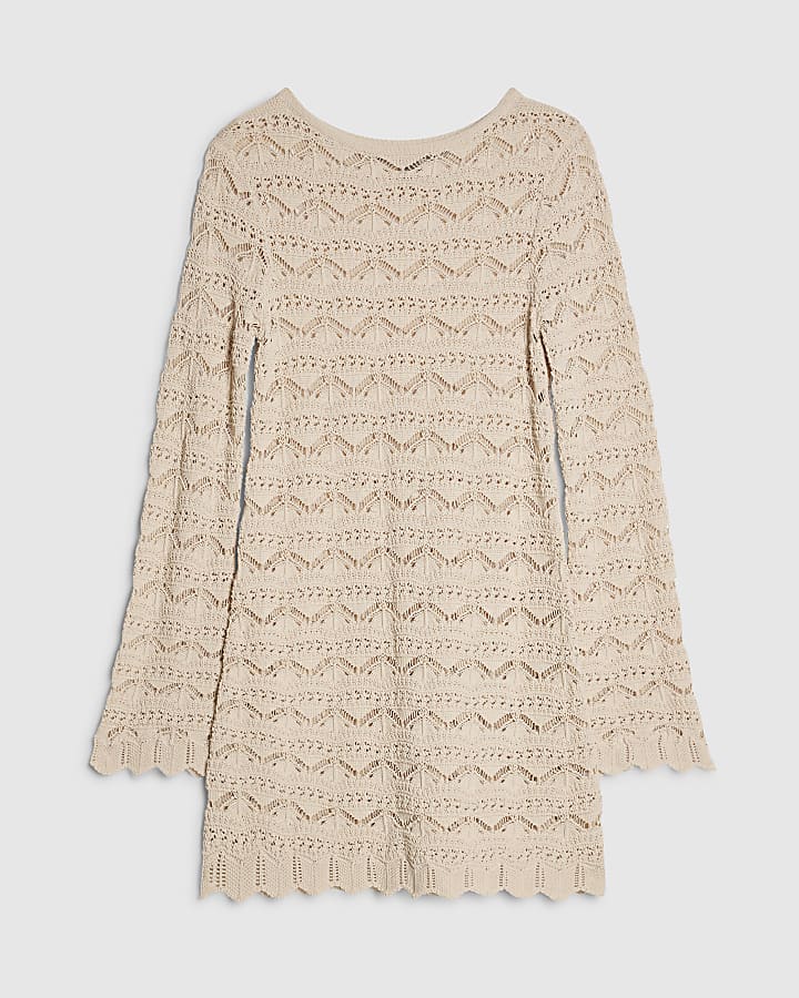 Cream Crochet Knit Boat Neck Mini Dress