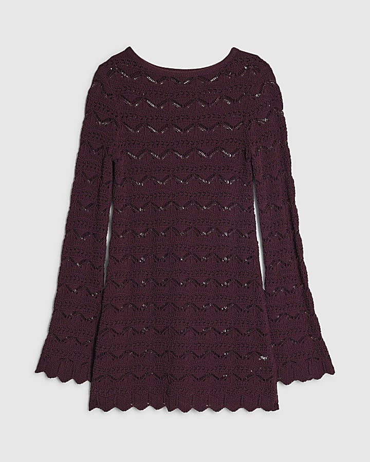 Purple Crochet Knit Boat Neck Mini Dress