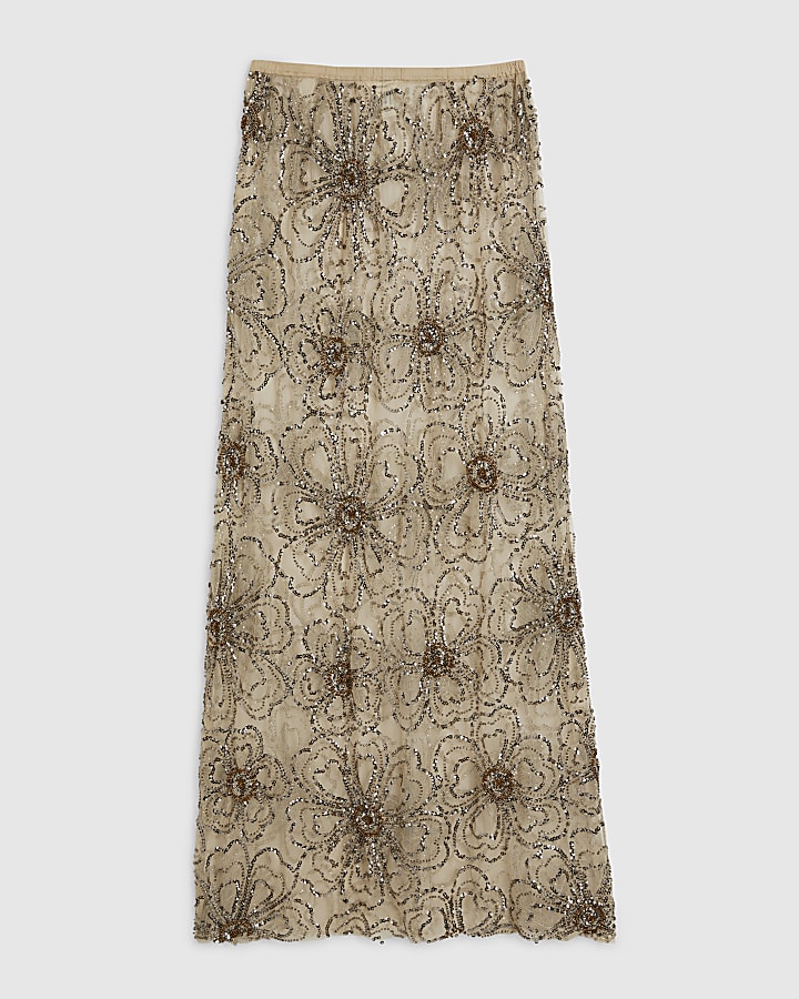 Cream Embellished Midi Skirt