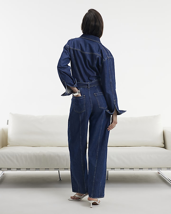 Blue Utility Belted Barrel Leg Denim Jumpsuit