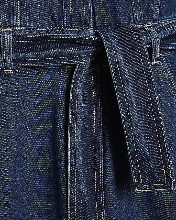 Blue Utility Belted Barrel Leg Denim Jumpsuit