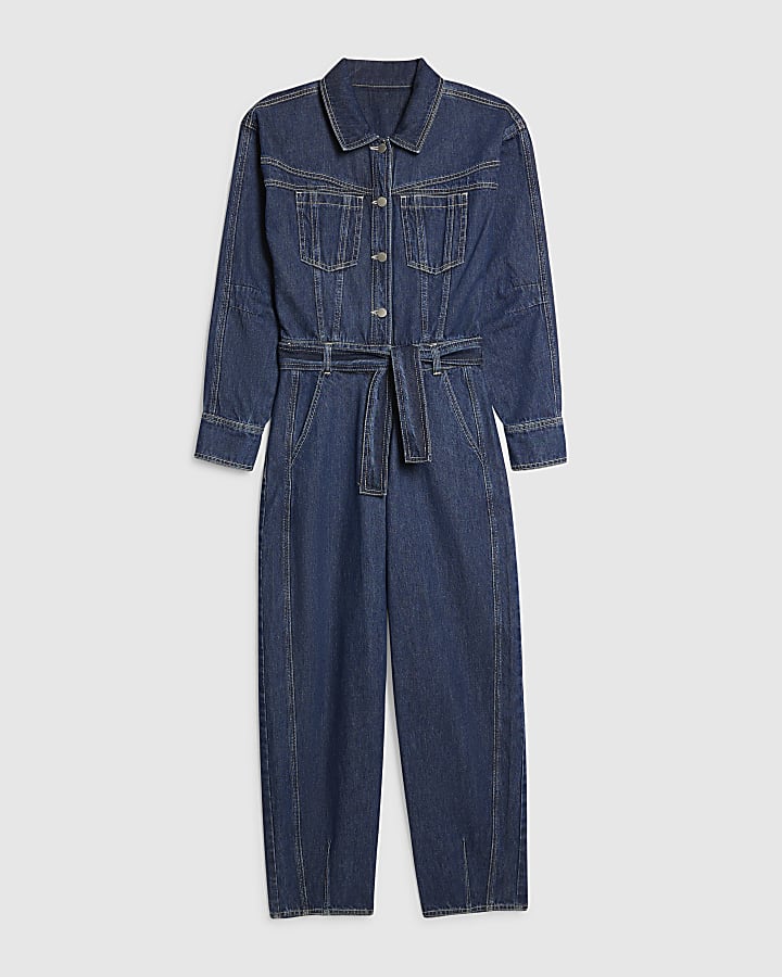 Blue Utility Belted Barrel Leg Denim Jumpsuit