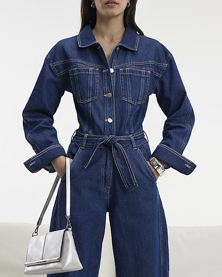 Blue Utility Belted Barrel Leg Denim Jumpsuit