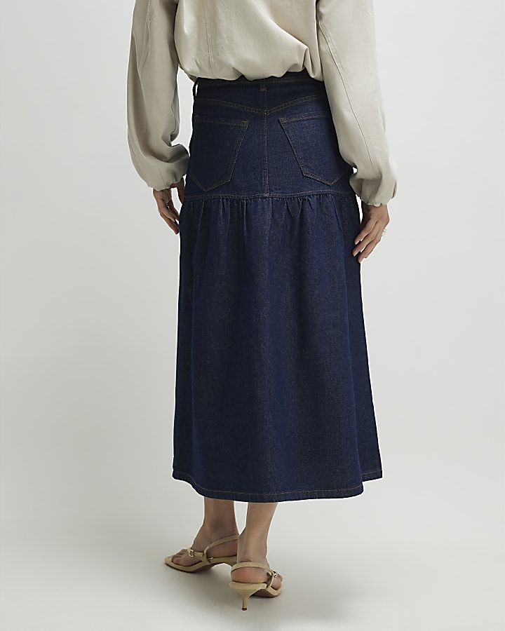 Blue Panelled Denim Midi Skirt