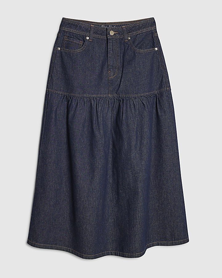 Blue Panelled Denim Midi Skirt