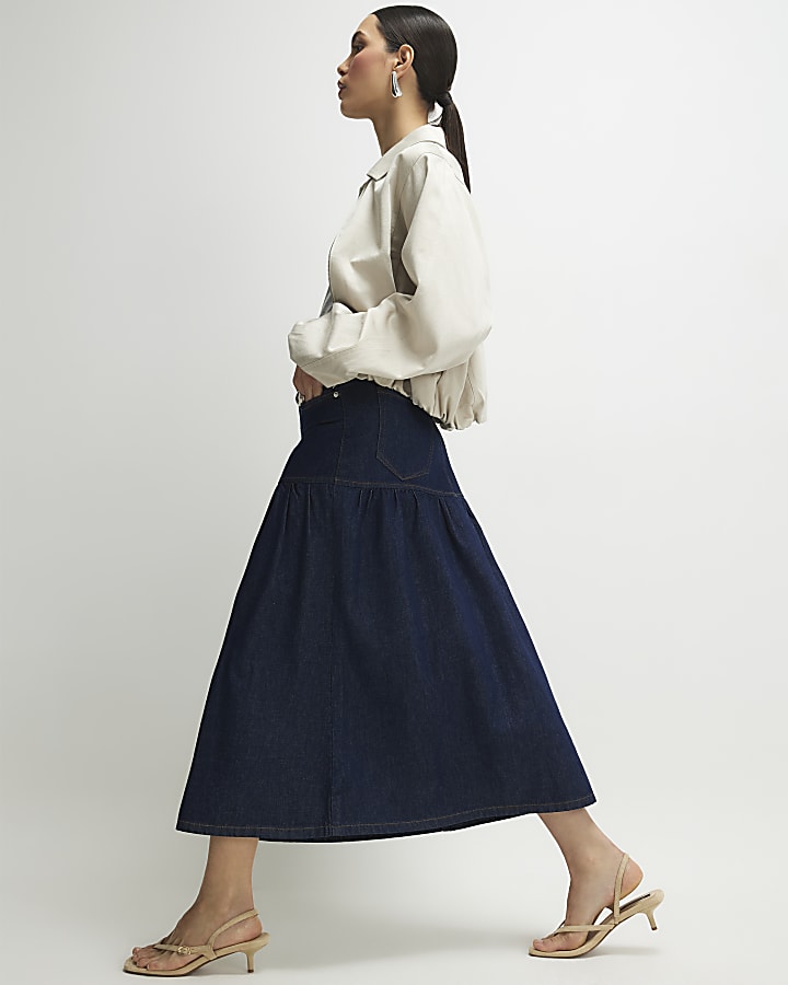 Blue Panelled Denim Midi Skirt