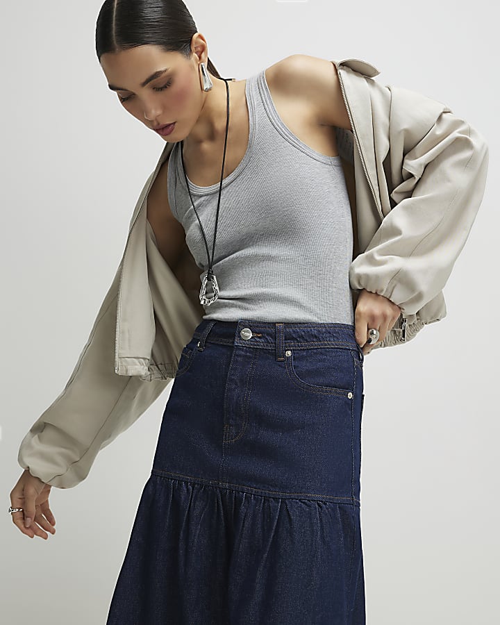 Blue Panelled Denim Midi Skirt