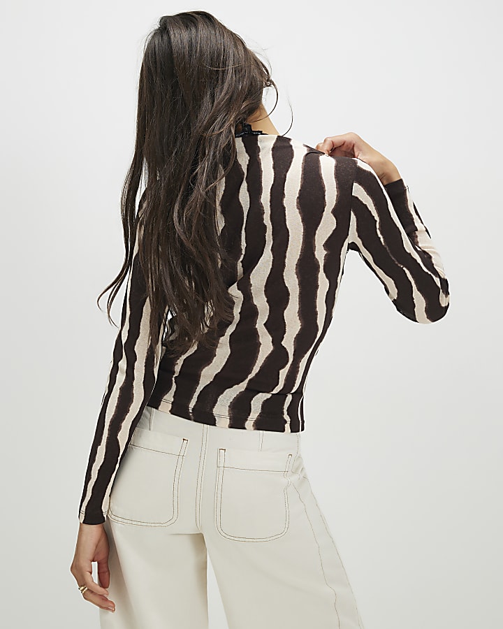 Brown Mesh Animal Print Long Sleeve Top