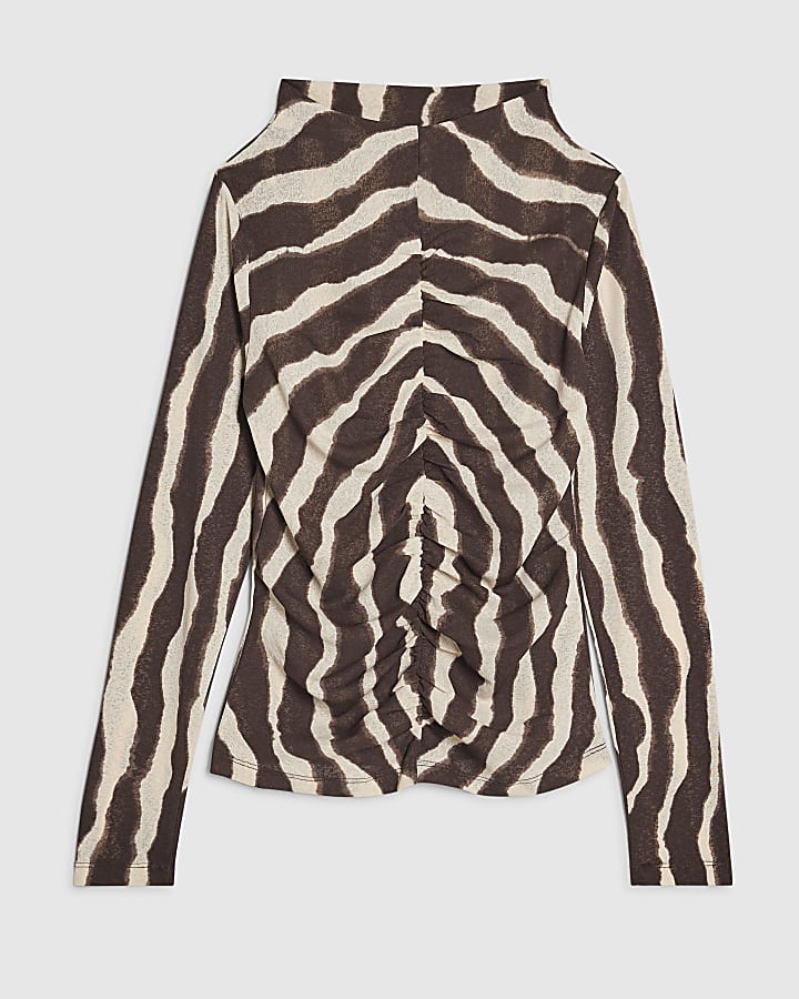 Brown Mesh Animal Print Long Sleeve Top