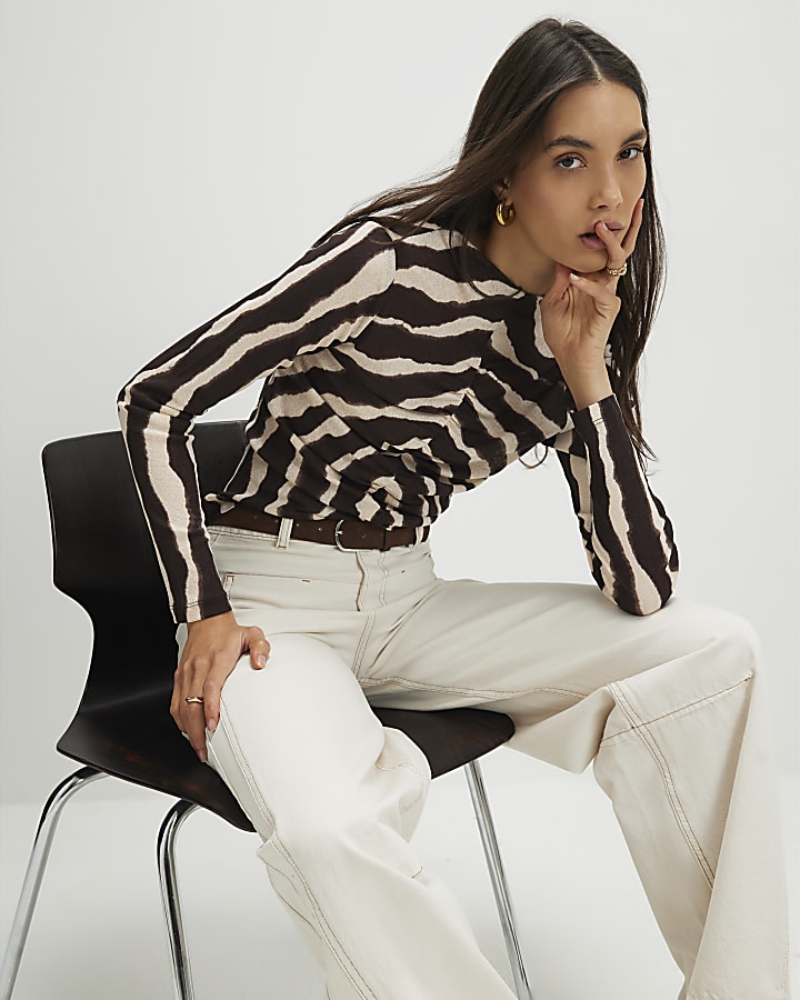 Brown Mesh Animal Print Long Sleeve Top