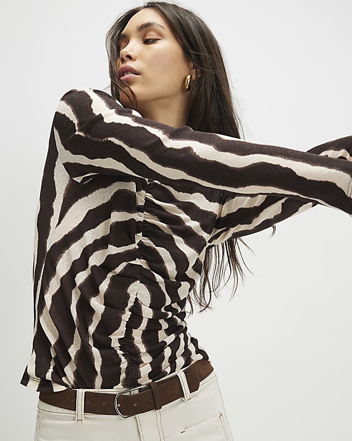 Brown Mesh Animal Print Long Sleeve Top