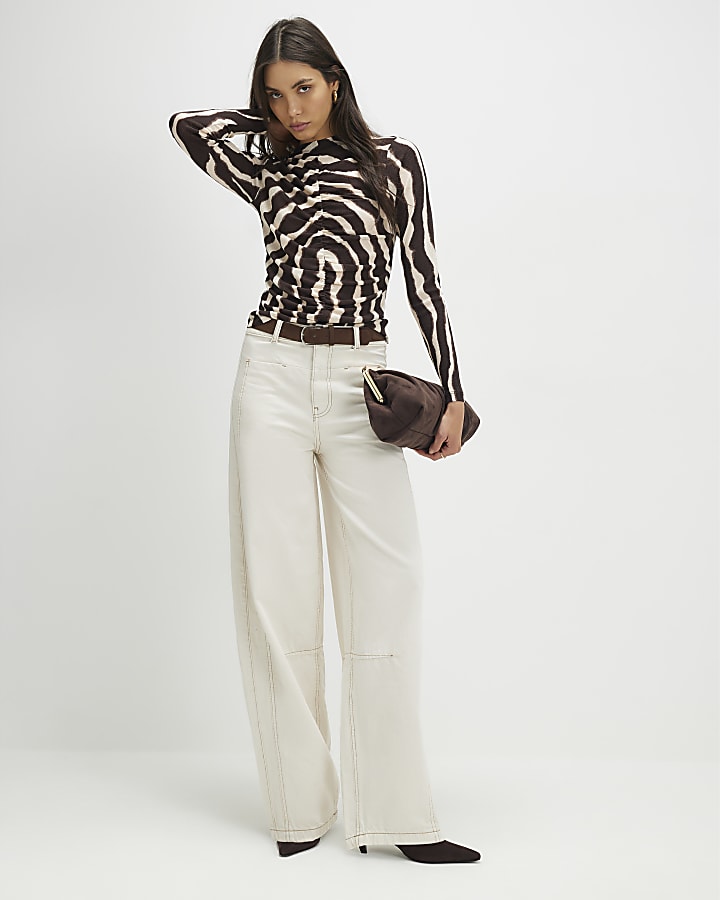 Brown Mesh Animal Print Long Sleeve Top