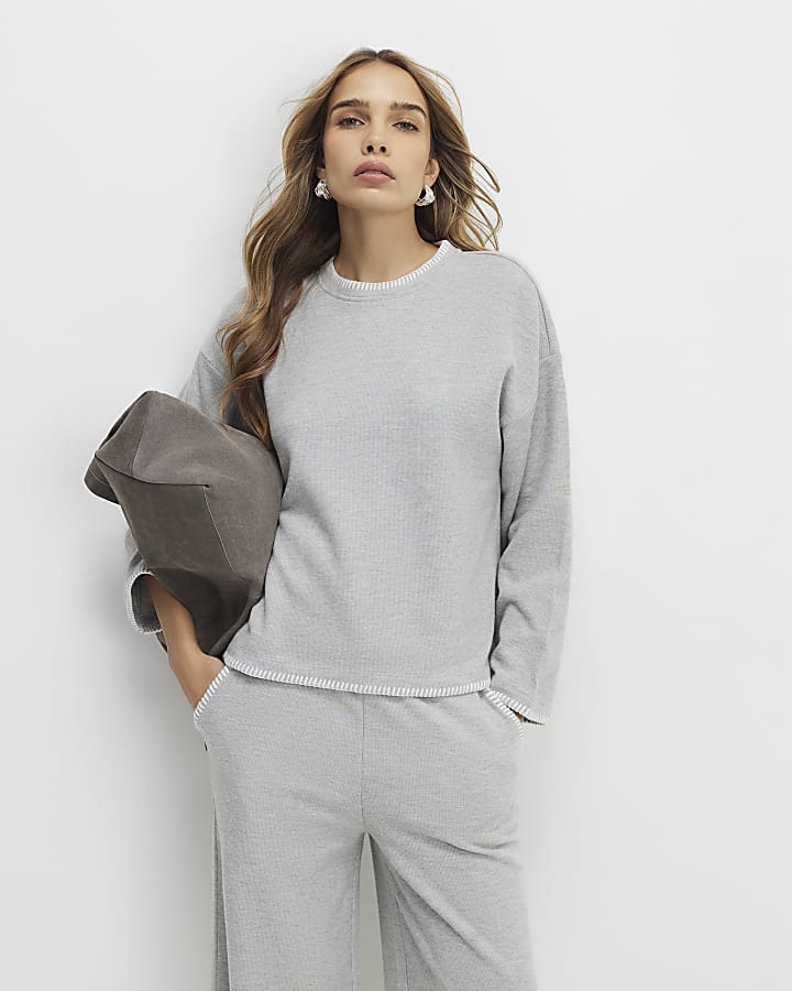 Grey Cosy Long Sleeve Whipstitch Top