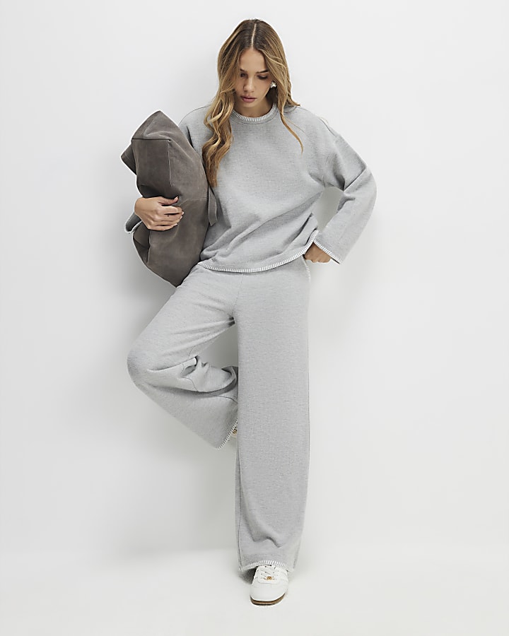 Grey Cosy Whipstitch Wide Leg Joggers