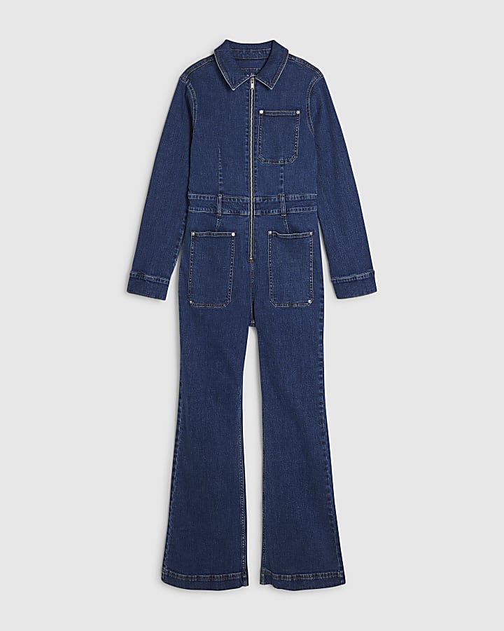 Blue Stretch Denim Straight Leg Jumpsuit