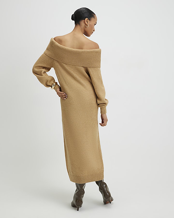 Brown Knitted Long Sleeve Bardot Midi Dress