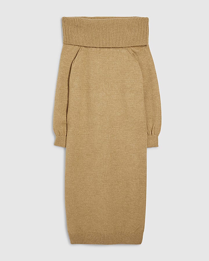 Brown Knitted Long Sleeve Bardot Midi Dress