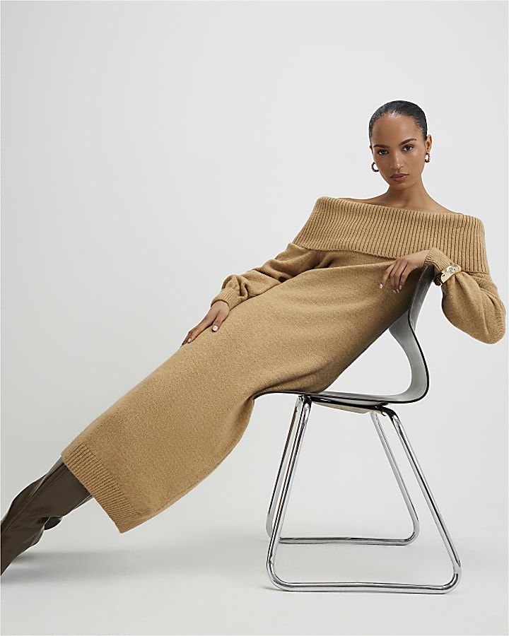 Brown Knitted Long Sleeve Bardot Midi Dress