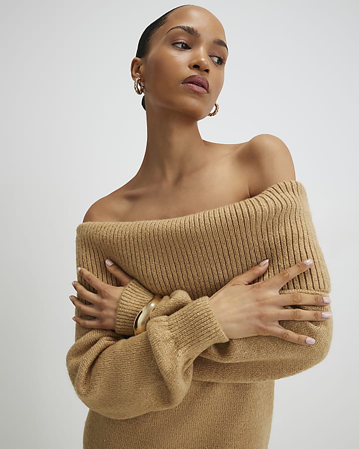 Brown Knitted Long Sleeve Bardot Midi Dress