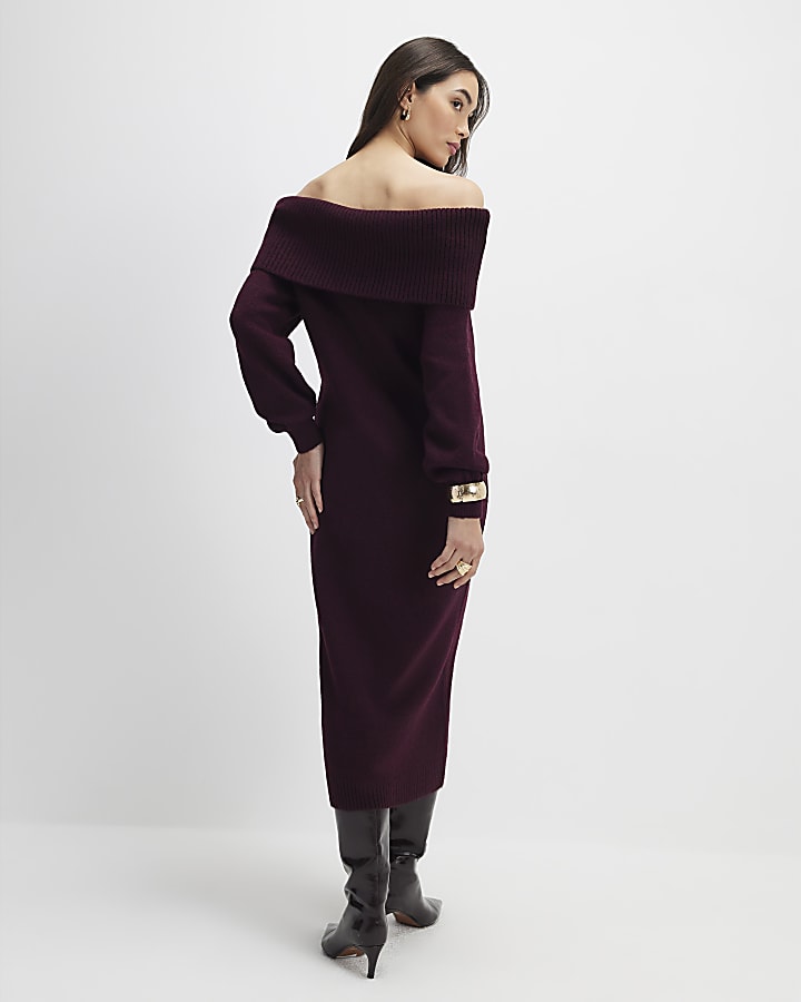 Red Knit Long Sleeve Bardot Midi Dress