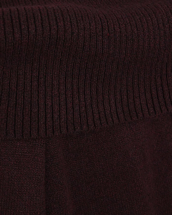 Red Knit Long Sleeve Bardot Midi Dress