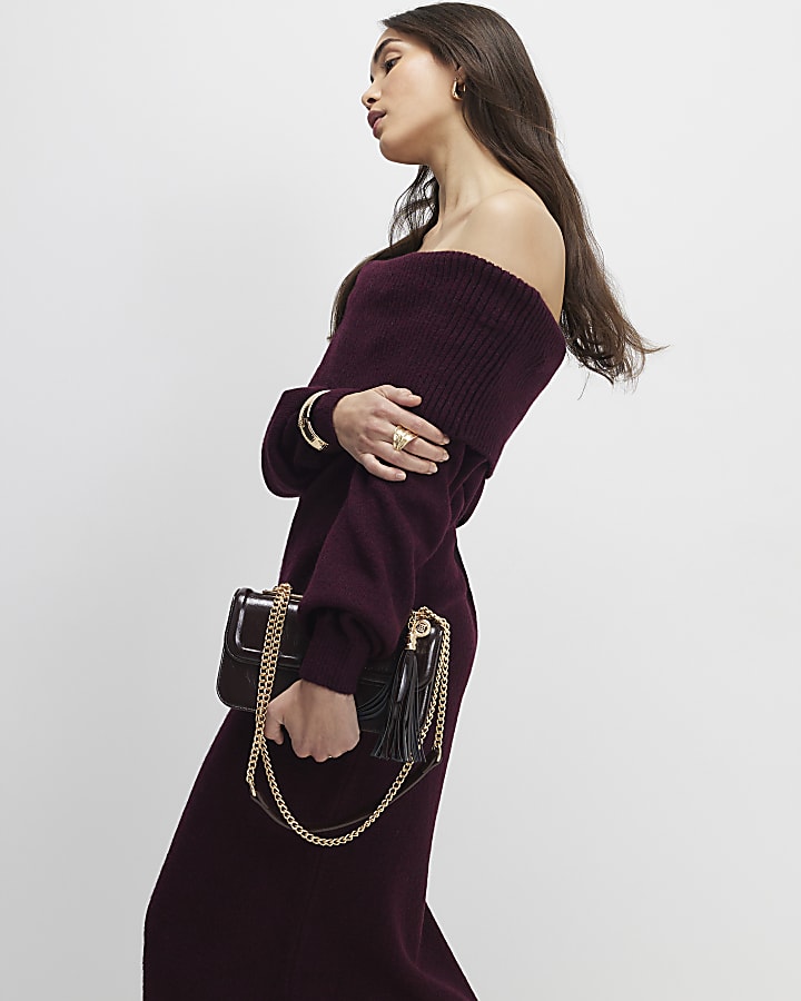 Red Knit Long Sleeve Bardot Midi Dress