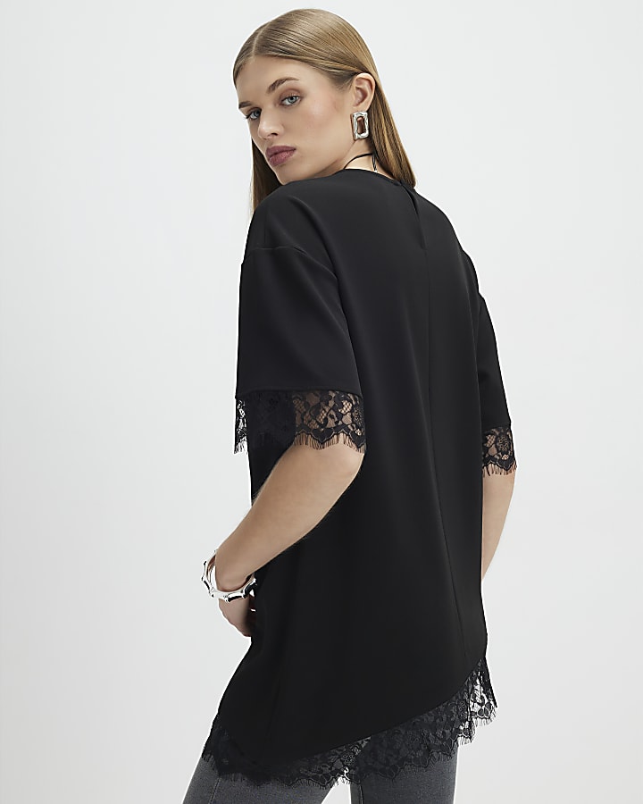 Black Short Sleeve Lace Trim Asymmetric Top