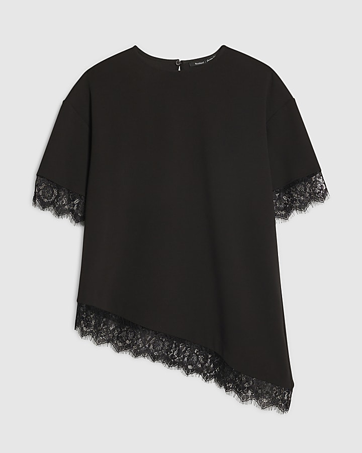 Black Short Sleeve Lace Trim Asymmetric Top