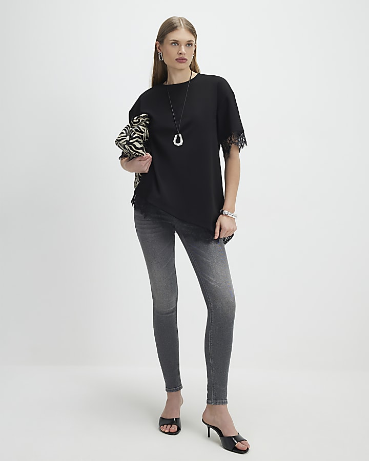 Black Short Sleeve Lace Trim Asymmetric Top