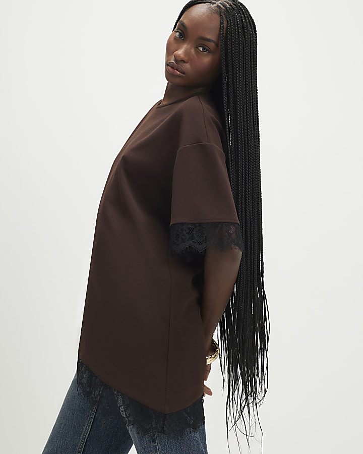 Brown Short Sleeve Lace Trim Asymmetric Top